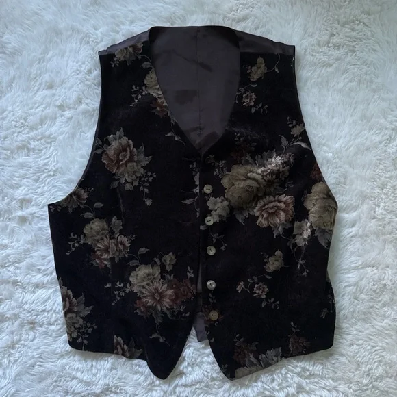 Japanese Luxury Brand: 90s Vintage brown velvet floral set matching vest + skirt - Picture 6 of 8